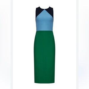 Diane Von Furstenberg blue/green/navy color block wool sheath midi dress Sz 8